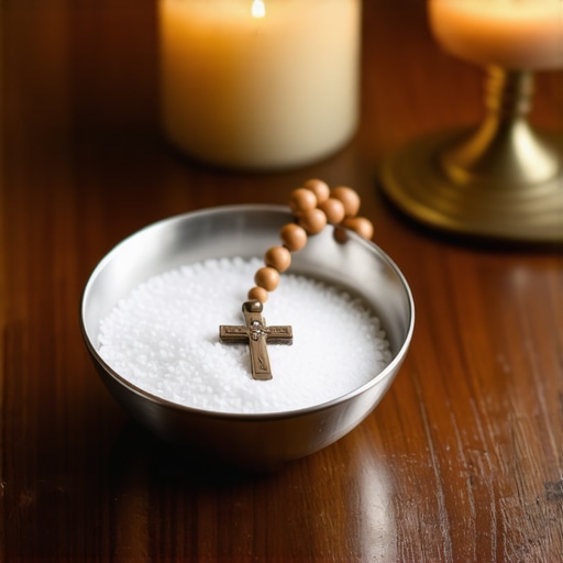 Blessed salt and a Catholic rosary on a wooden table for spiritual protection in a Virginia home.