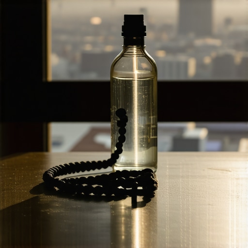 A paracord rosary and holy water bottle on a table in a Capitol Hill apartment