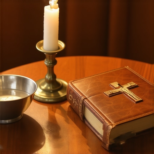A Catholic home altar with a Benedictine crucifix and holy water for spiritual protection.