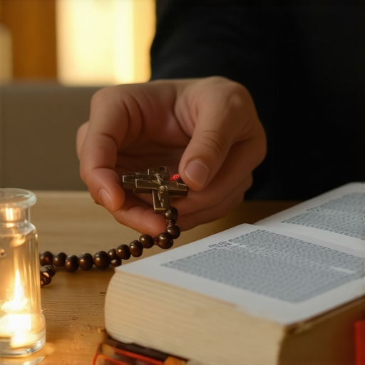 A rosary and a Bible on a bedside table symbolizing spiritual protection and warfare in a Virginia home.