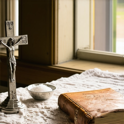A collection of Catholic sacramentals including a crucifix and blessed salt on a home altar