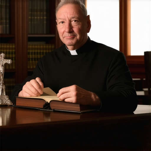 A Catholic priest professionally vetting a spiritual case in a DC library setting.