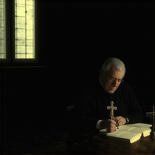 A man reviewing religious texts and a crucifix for spiritual investigation