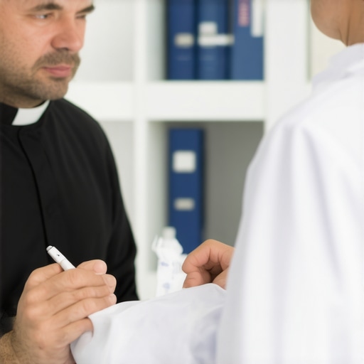 A priest and a doctor discussing a spiritual case file