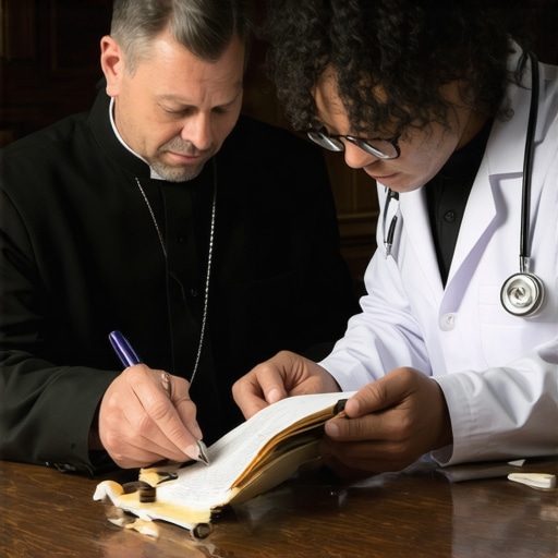 A priest and a doctor reviewing documents for a spiritual investigation.