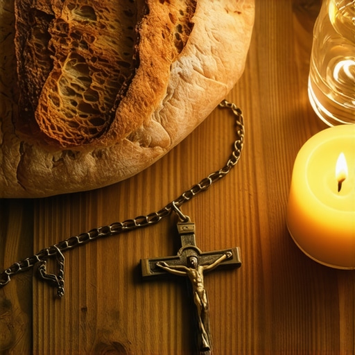 Bread, water, crucifix, and Rosary on a wooden table symbolizing spiritual fasting and deliverance