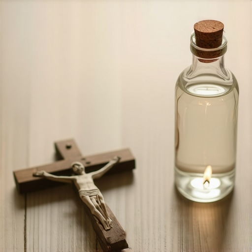 A crucifix and bottle of holy water on a table representing spiritual protection tools.
