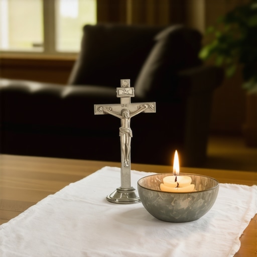 A small home altar featuring a crucifix and holy water bowl prepared for a Catholic house blessing ritual.