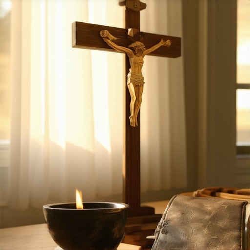 A small home prayer altar with a crucifix and holy water for maintaining a peaceful spiritual environment.