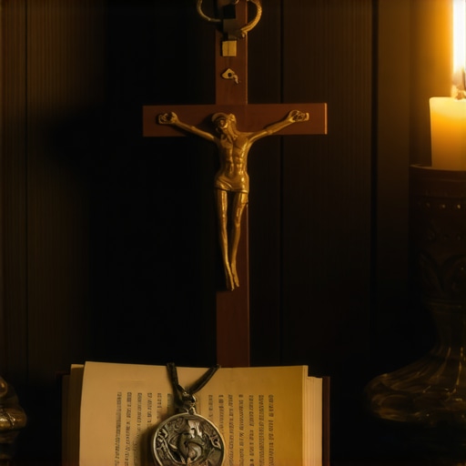 Home Altar for Spiritual Protection A quiet Catholic prayer space with a crucifix, Benedictine medal, and prayer book for daily protection