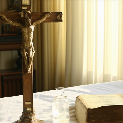 A domestic prayer space featuring sacramentals used for spiritual warfare and home protection.