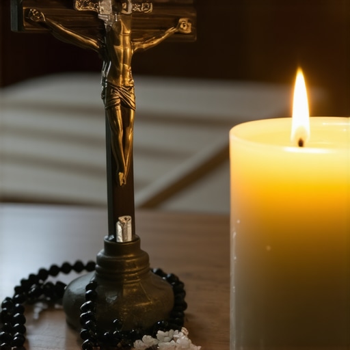 A home altar with a crucifix, candle, blessed salt, and rosary for spiritual protection.