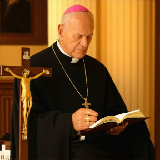 A Catholic priest reviewing documents and prayer books for a deliverance case in Washington DC.