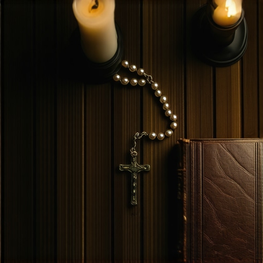 A journal and rosary on a desk used for documenting spiritual disturbances in Virginia.