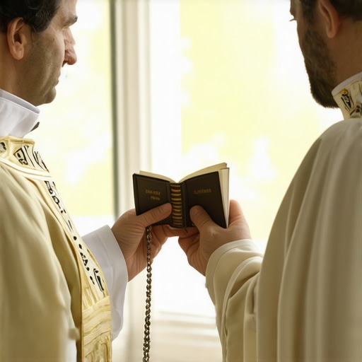 A layperson and a priest preparing for a deliverance session in a Virginia home through prayer and consultation.