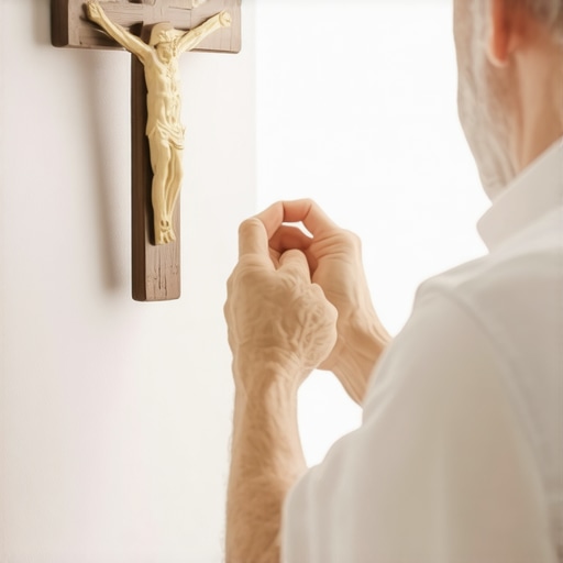 A father installing a blessed crucifix in a Roanoke home for spiritual protection.