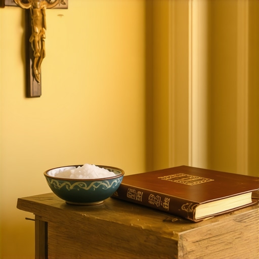 A home prayer altar with a crucifix and blessed salt for spiritual maintenance.