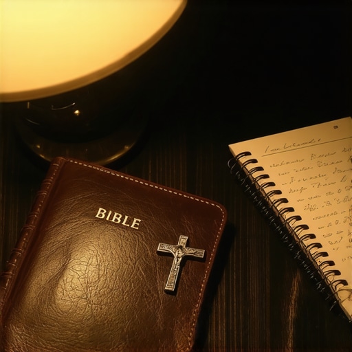 A professional documentation setup for a spiritual deliverance evaluation including a Bible and notebook.