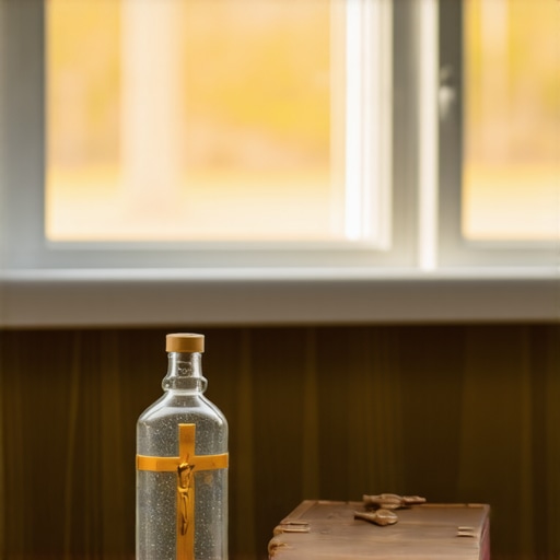 A home altar with holy water and a crucifix for spiritual maintenance in Virginia.