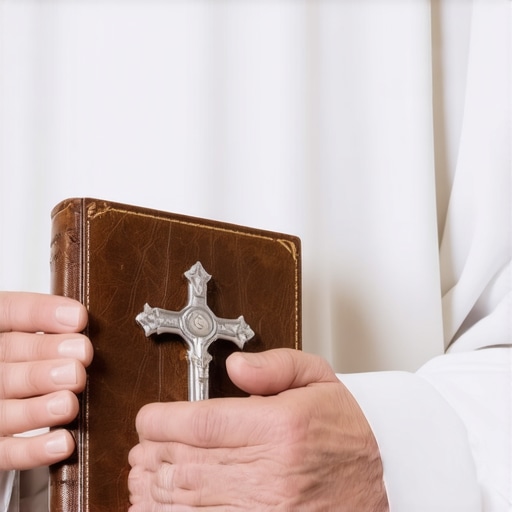 A priest holding a crucifix and prayer book representing an official exorcism protocol.