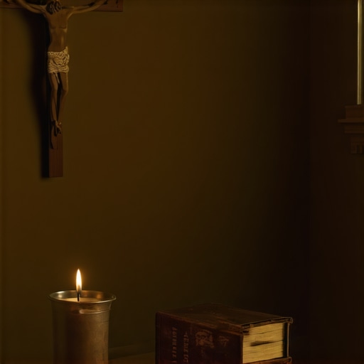 A crucifix, holy water, and prayer book prepared for a spiritual deliverance session in Virginia.