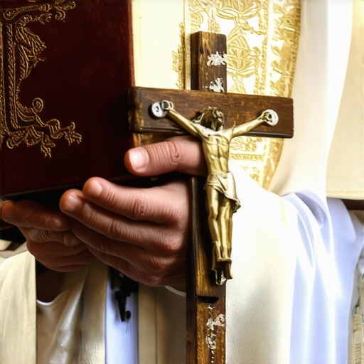 A priest preparing for a Catholic exorcism ritual in Virginia with a crucifix and ritual book.