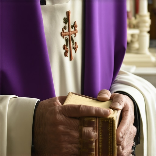 Hands of a priest holding a purple stole and a Latin ritual book for spiritual deliverance.