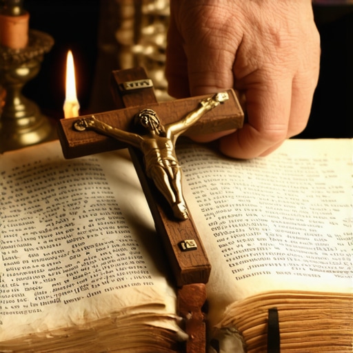 A priest preparing for a spiritual deliverance ritual in Virginia with a crucifix and liturgical book.