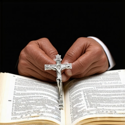 Close-up of a priest's hands with a ritual book and crucifix for spiritual deliverance.