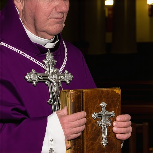 A priest in DC preparing for a formal catholic ritual of exorcism with a prayer book and crucifix.