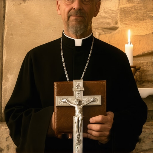 A Catholic priest in Virginia preparing for a spiritual deliverance ritual with a crucifix and prayer book.