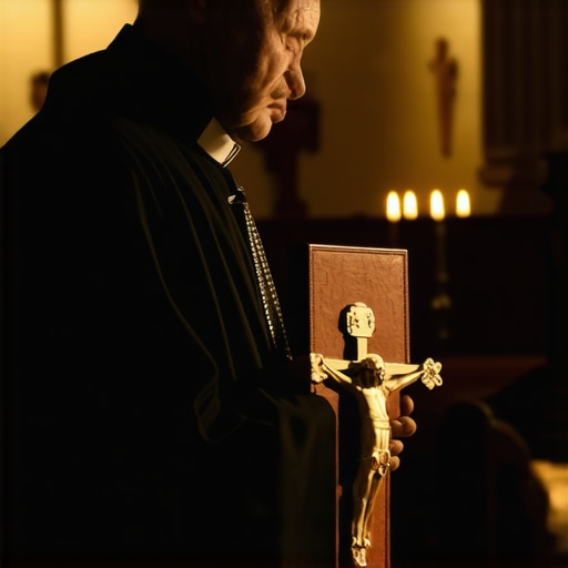 A Catholic priest preparing for a deliverance ritual in a solemn setting