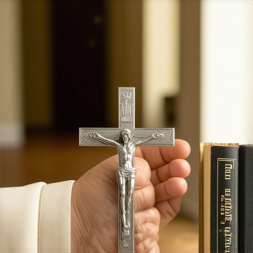 A close-up of a crucifix and prayer book used during a spiritual investigation in a Virginia residence.