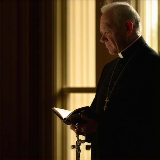 A Catholic priest holding a crucifix and prayer book during a house blessing in Virginia to illustrate spiritual deliverance.