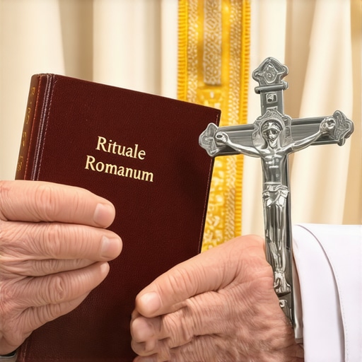 A priest holding an official ritual book and crucifix for a Virginia exorcism.