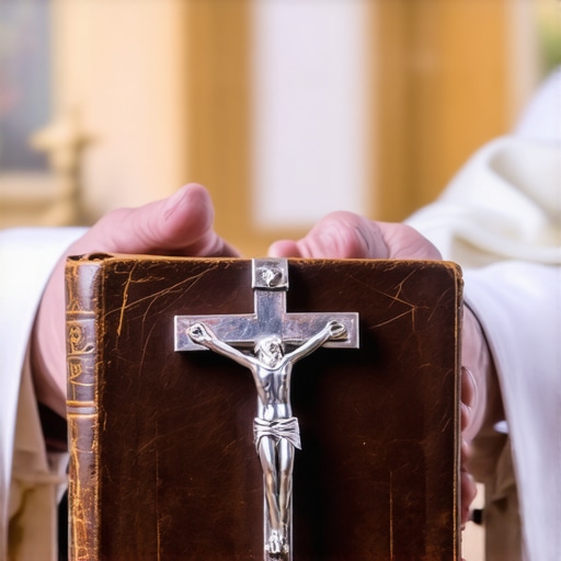A Catholic priest preparing for a formal deliverance ritual with a prayer book and crucifix.