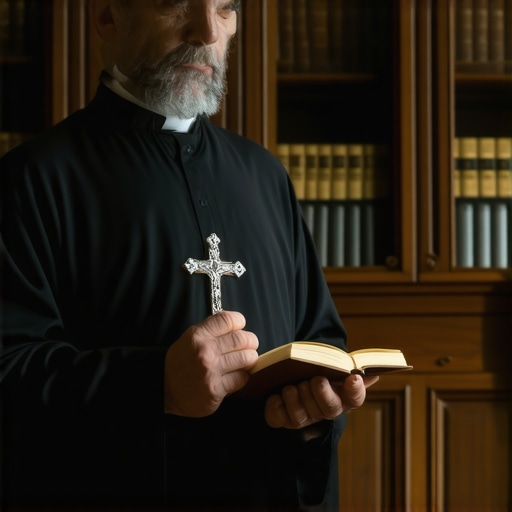 A priest preparing for a formal spiritual assessment in a traditional setting.