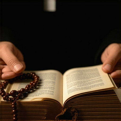 A Catholic priest holding the Roman Ritual and a rosary during a spiritual consultation