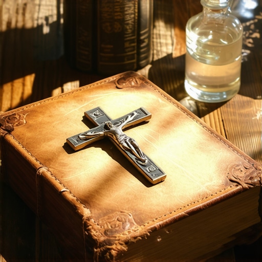 The official Roman Ritual book and crucifix used by a Catholic exorcist for spiritual liberation.