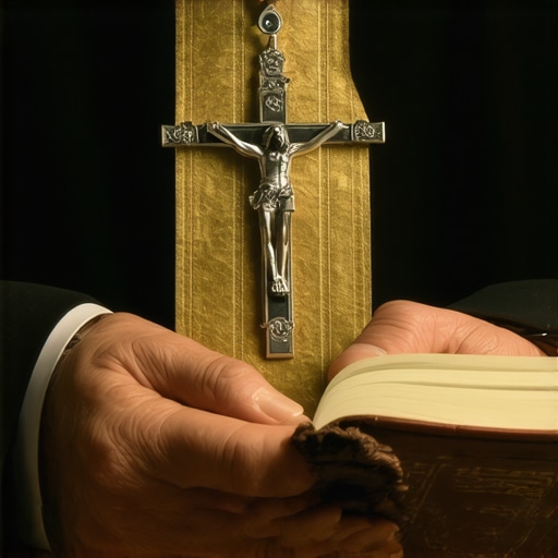 Close-up of a priest holding a crucifix and liturgical book representing the authority of the Catholic Church.