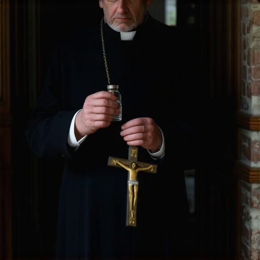Priest standing in a hallway with a crucifix and holy water for spiritual deliverance.