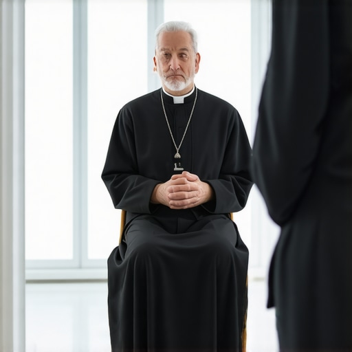 A formal spiritual discernment meeting with a Catholic priest in a professional setting.