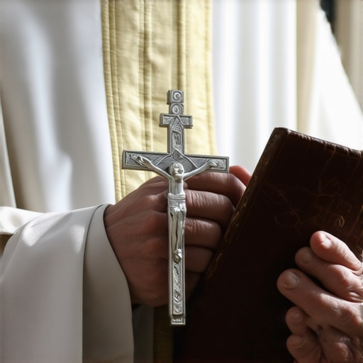 A priest holding a ritual book and crucifix for a home blessing