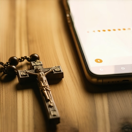 A rosary and a smartphone on a table symbolizing organized prayer support.