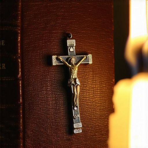 A crucifix and prayer book symbolizing the preparation and authority required for a Catholic exorcism.