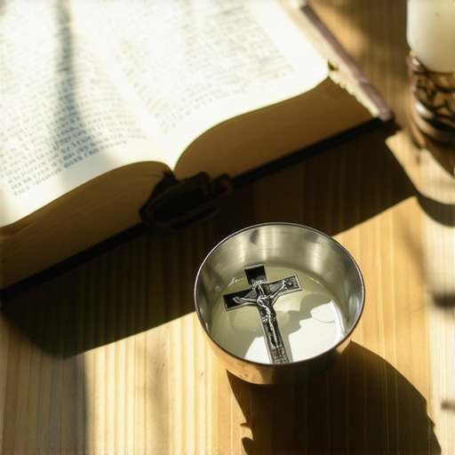 A Bible, holy water, and crucifix on a table, symbolizing spiritual protection in a home.