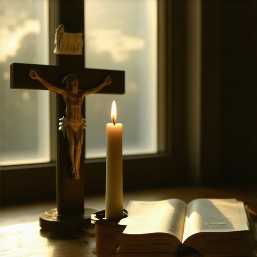 A simple home altar prepared for a priest visit in a Virginia residence.