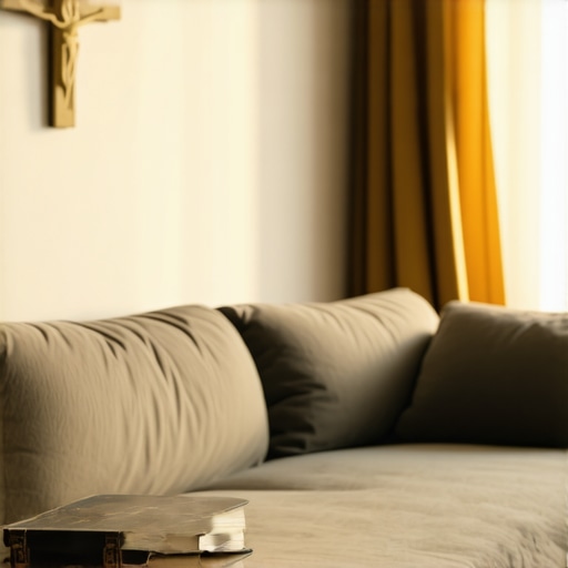 A modern living room in Virginia prepared for a priest's visit with a crucifix and Bible.