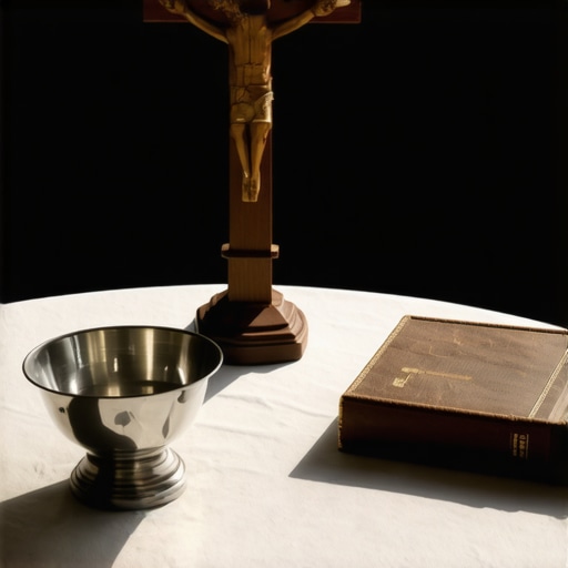 A crucifix and holy water on a table in a bright Alexandria home representing spiritual preparation.