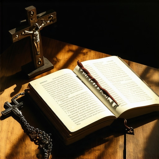 Spiritual preparation tools including a prayer journal and crucifix on a table.